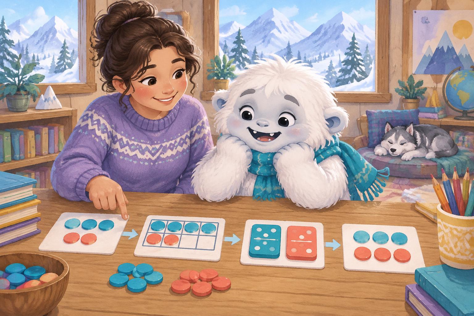 Reti the Yeti learning a step-by-step addition strategy with an encouraging teacher and colorful counters