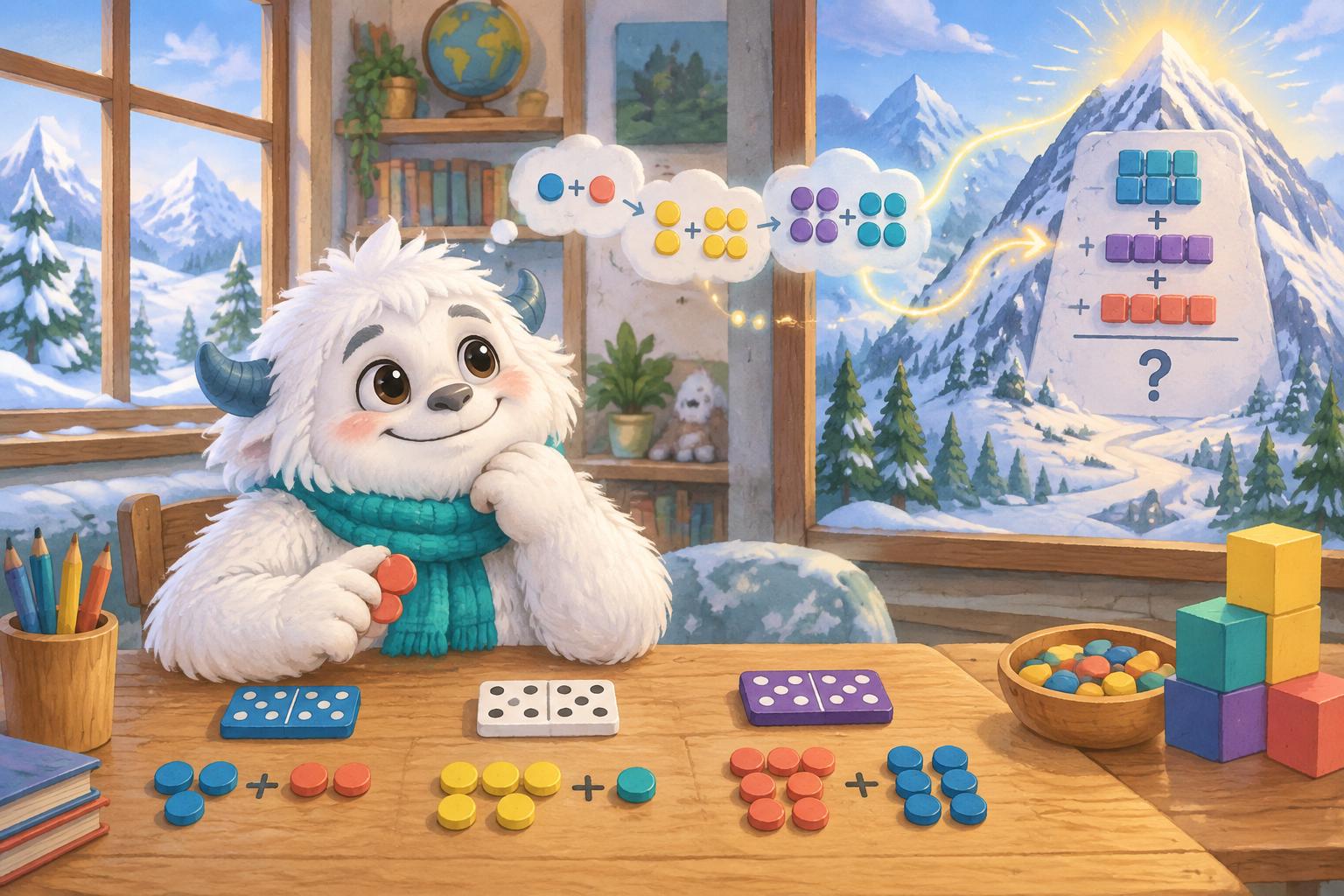 Reti the Yeti connecting simple number facts to a larger math challenge with counters and dominoes