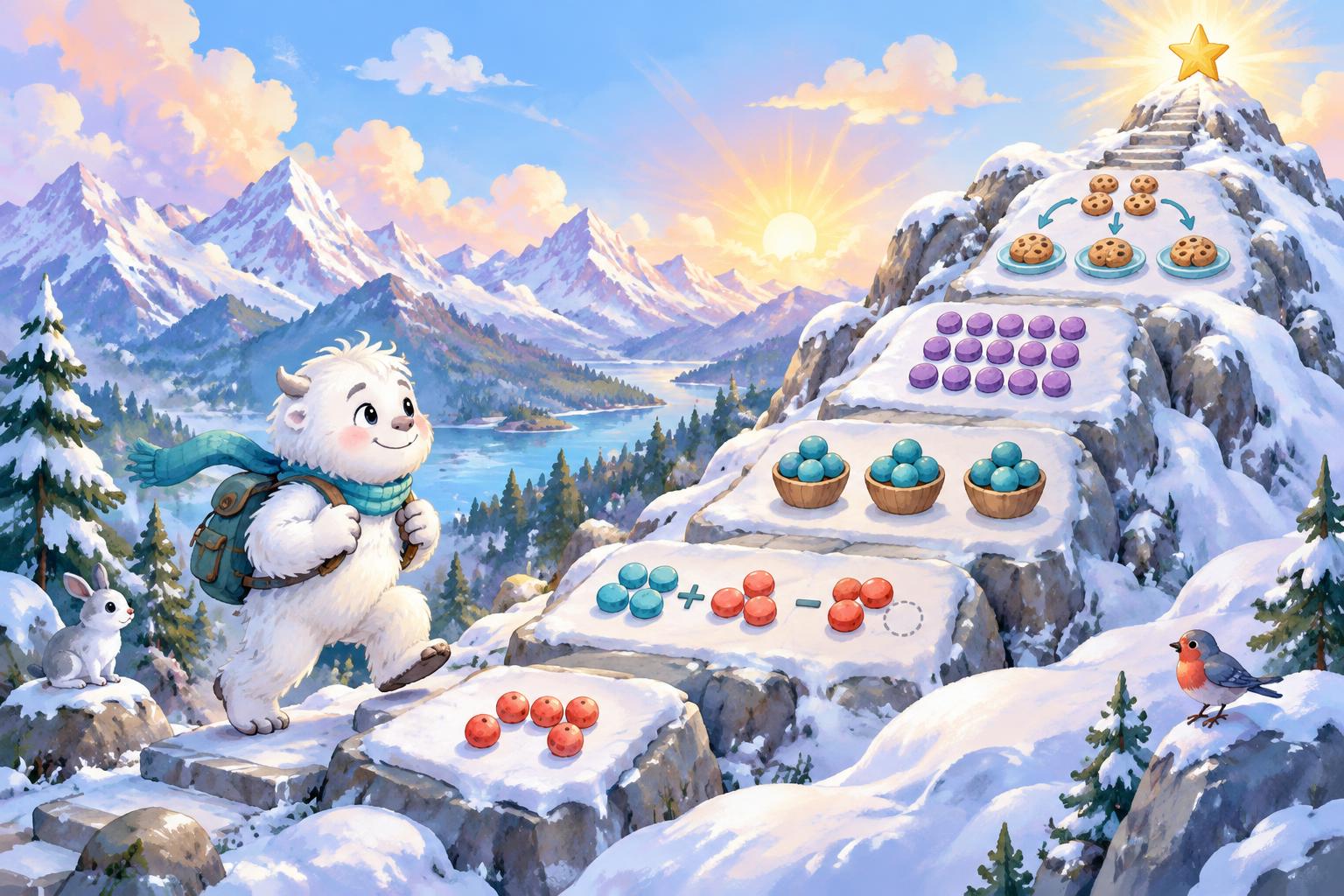 Reti the Yeti following a snowy learning path from early counting to multiplication and division