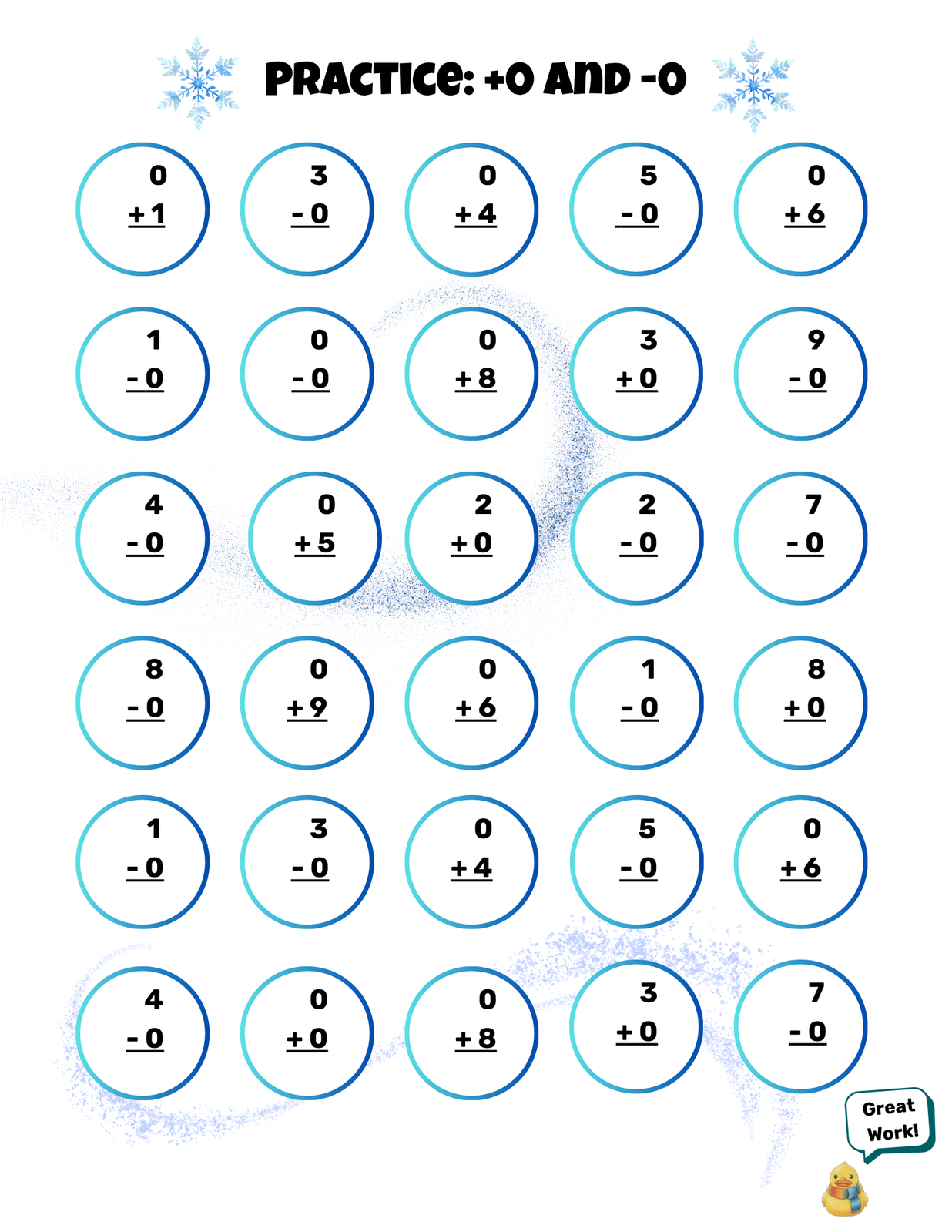 Zero facts practice grid page from the Reti the Yeti math workbook
