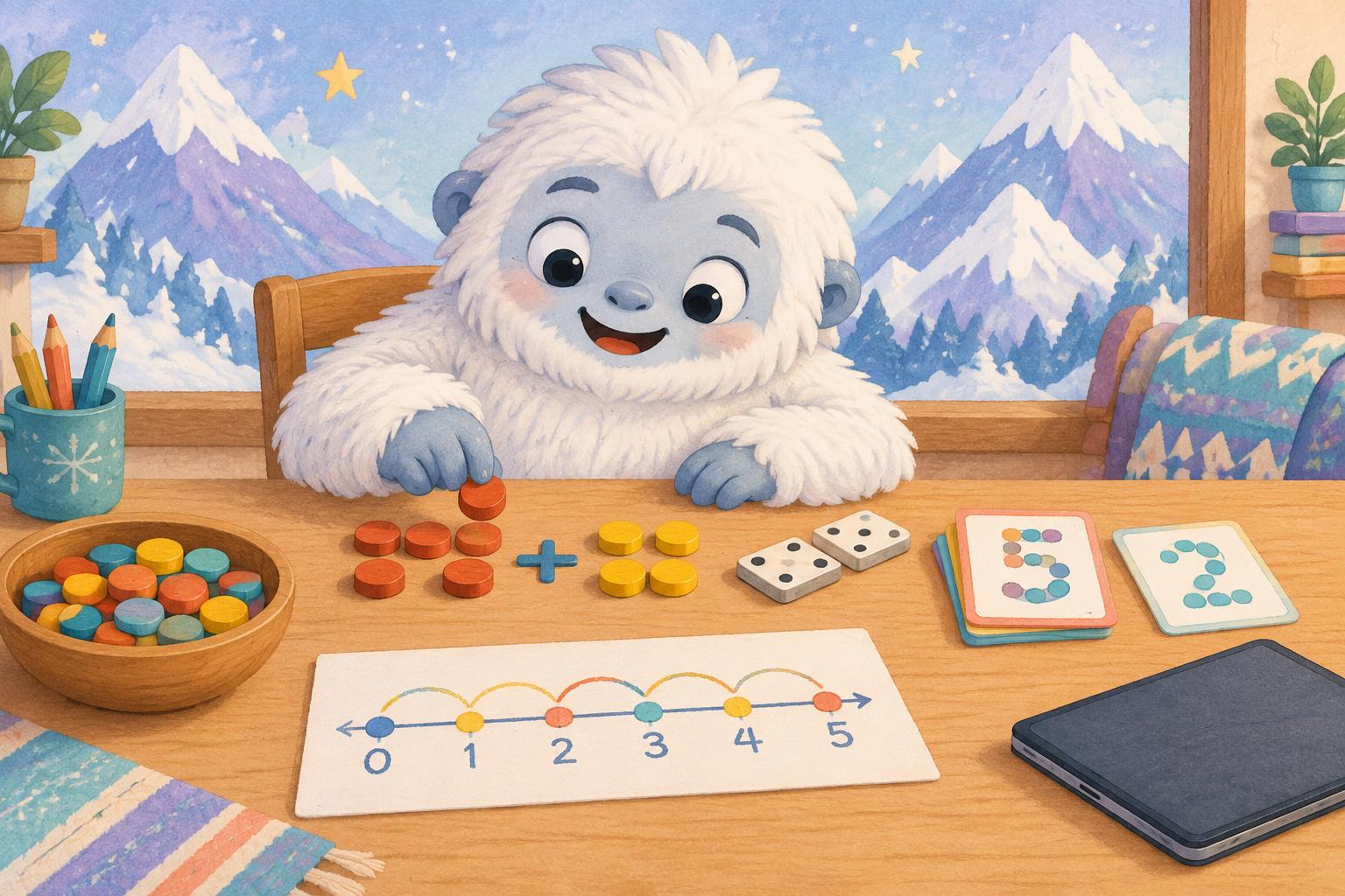 Friendly yeti practicing addition with counters, dominoes, cards, and a number line while a tablet stays closed