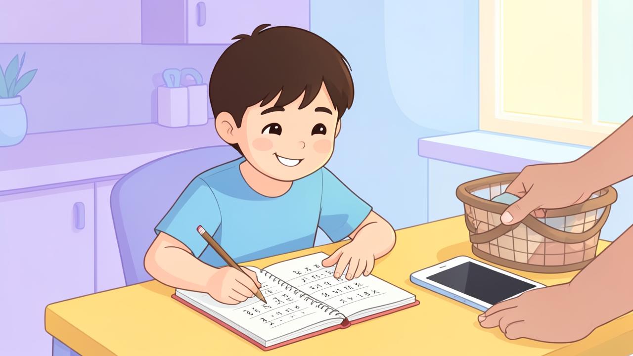 Illustration of a child doing math homework with pencil and paper while a parent puts a tablet away in a basket
