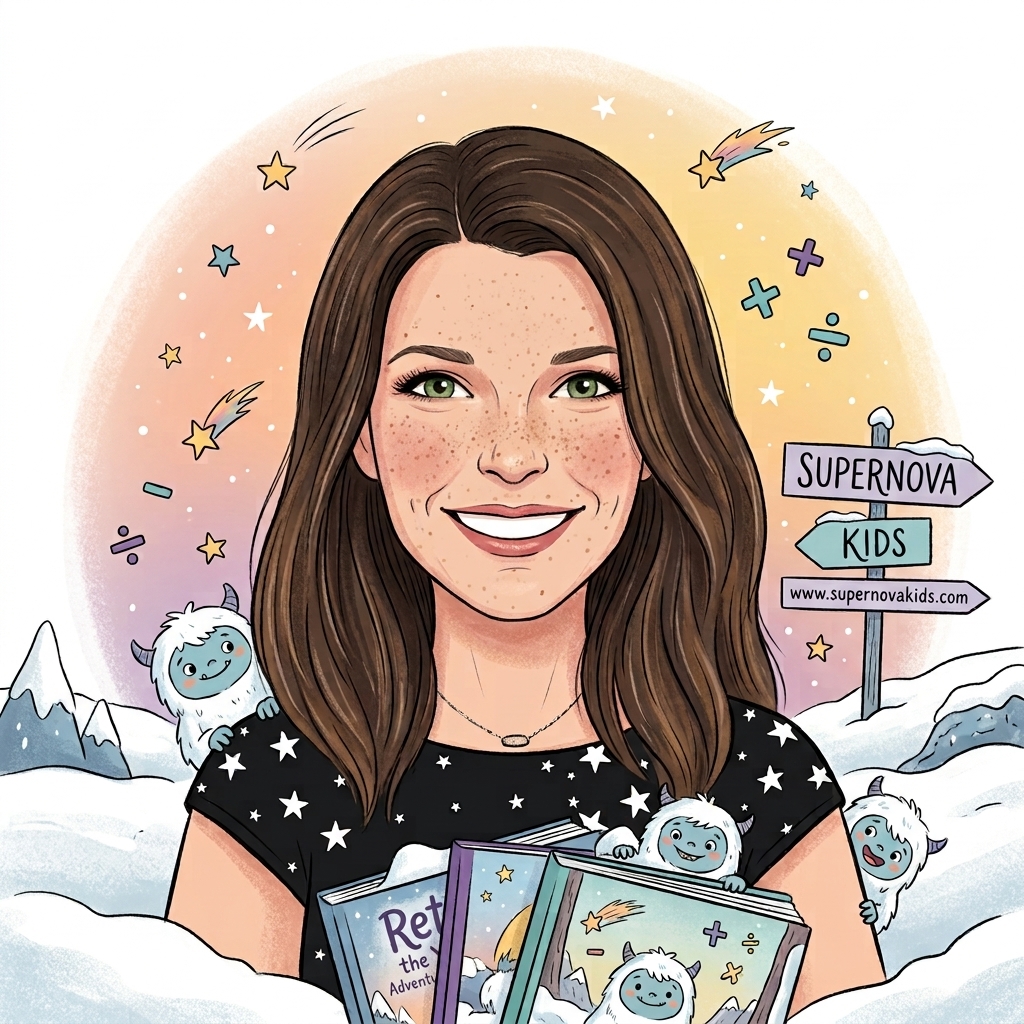 Illustrated portrait of Sabrina Soper holding a stack of Supernova Kids books, with Reti the Yeti characters and math stars around her